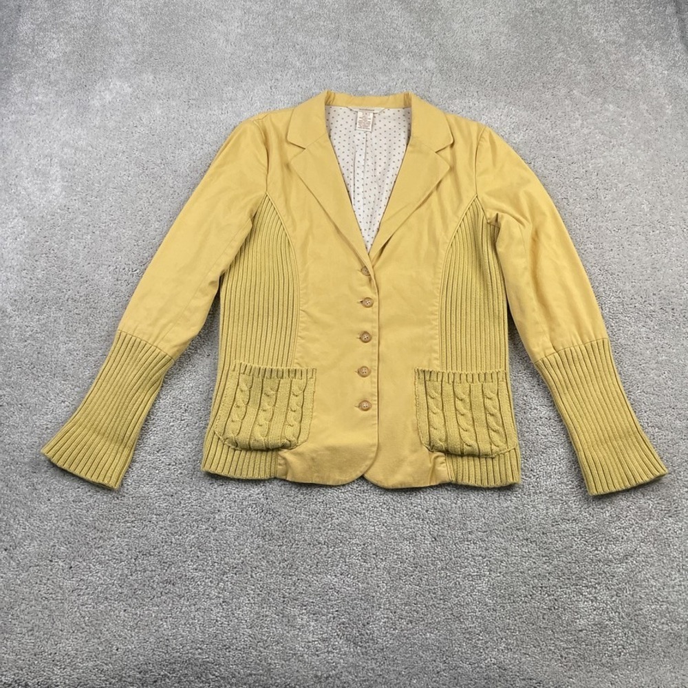 Sundance Blazer‎ Womens 6 Yellow Canvas Button Front Cable Knit Ribbed Panels